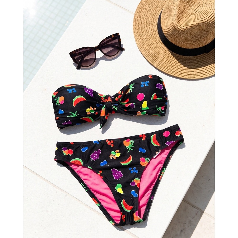 Kate Spade New York Fruit Print Bandeau Bikini Set Black Multi Small